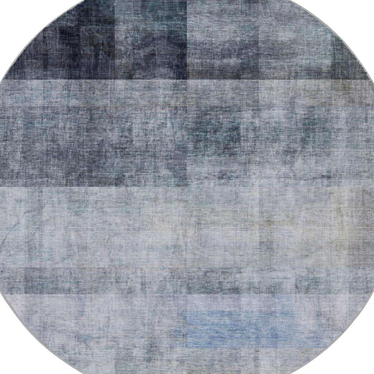 8' Navy Blue And Gray Geometric Shag Washable Round Rug With UV Protection - Home & Garden