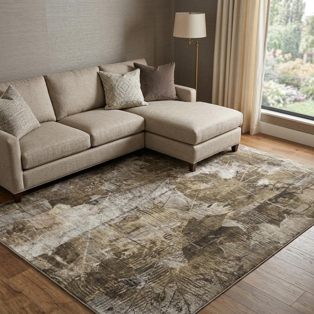 10' X 14' Taupe And Beige Floral Shag Washable Area Rug With UV Protection - Home & Garden
