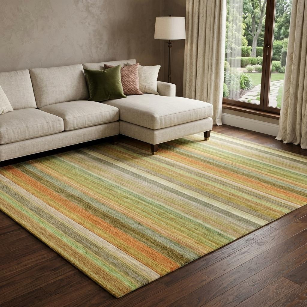 10' X 14' Green And Orange Striped Shag Washable Area Rug With UV Protection - Home & Garden