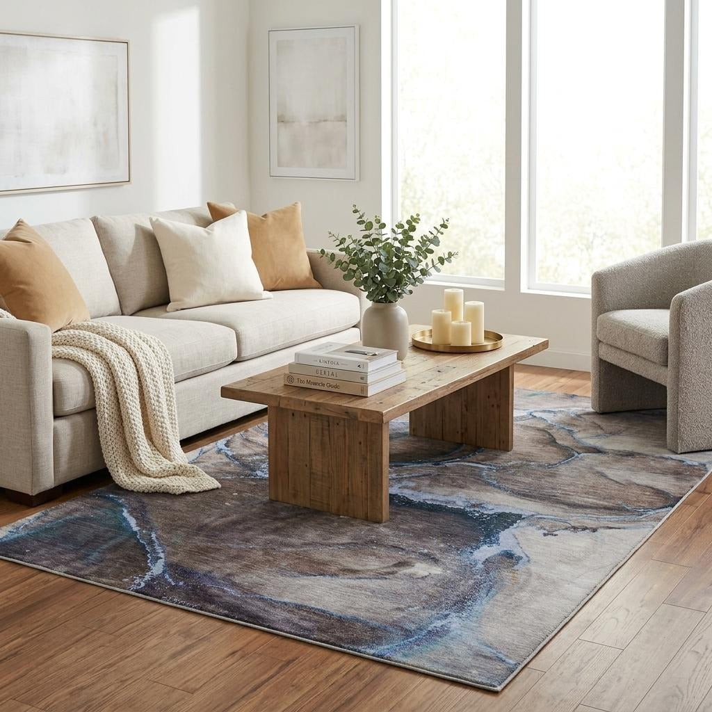 5' X 8' Navy Blue And Denim Blue Abstract Shag Washable Area Rug With UV Protection - Home & Garden
