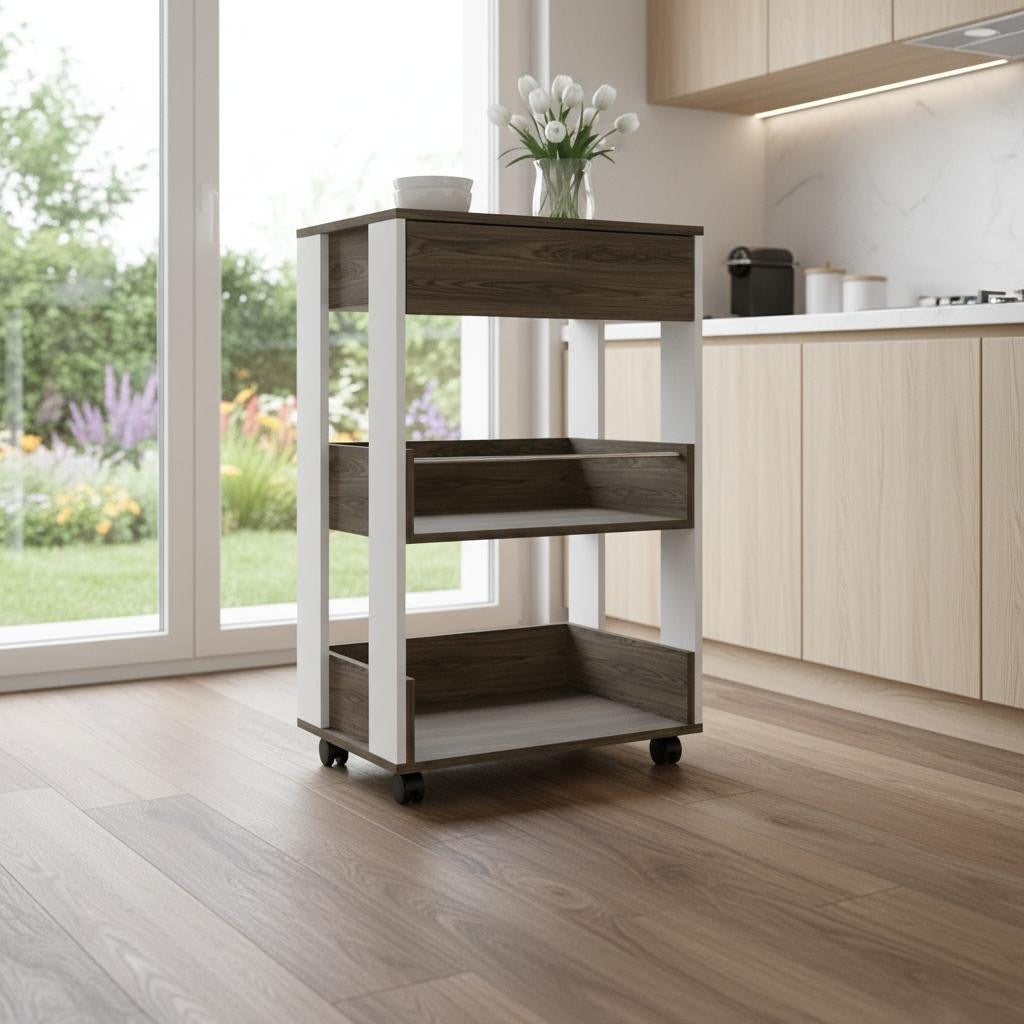 23" Dark Brown and White Wood Rolling Kitchen Cart With Storage - Kitchen & Dining