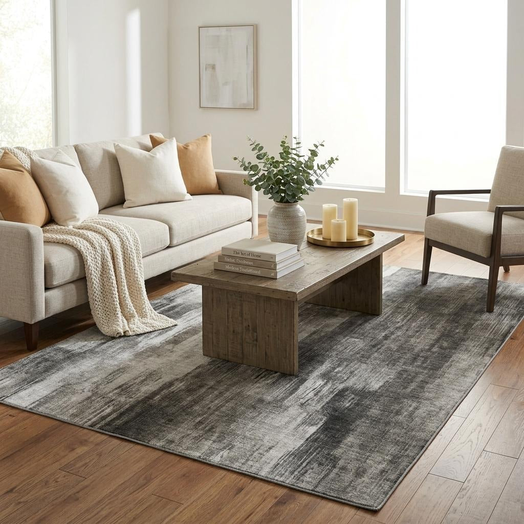 5' X 8' Gray And Black Abstract Shag Washable Area Rug With UV Protection - Home & Garden