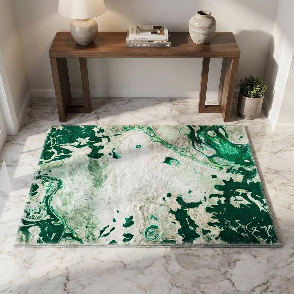 3' X 5' Green And Ivory Abstract Shag Washable Area Rug With UV Protection - Home & Garden