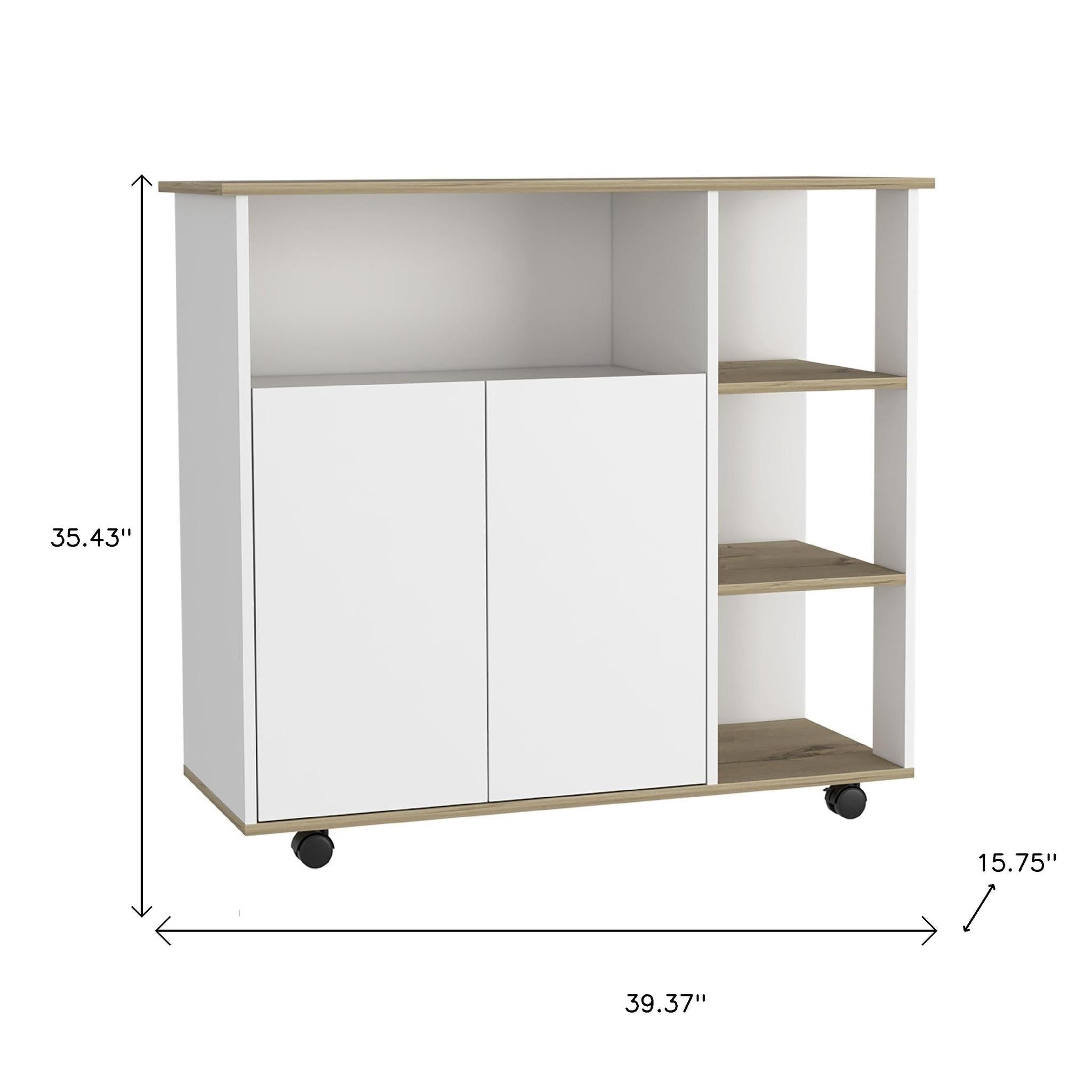 39" Oak and White Wood Rolling Kitchen Island With Storage - Kitchen & Dining