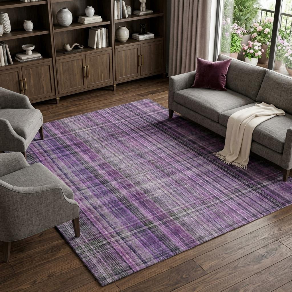 10' X 14' Purple And Gray Plaid Shag Washable Area Rug With UV Protection - Home & Garden