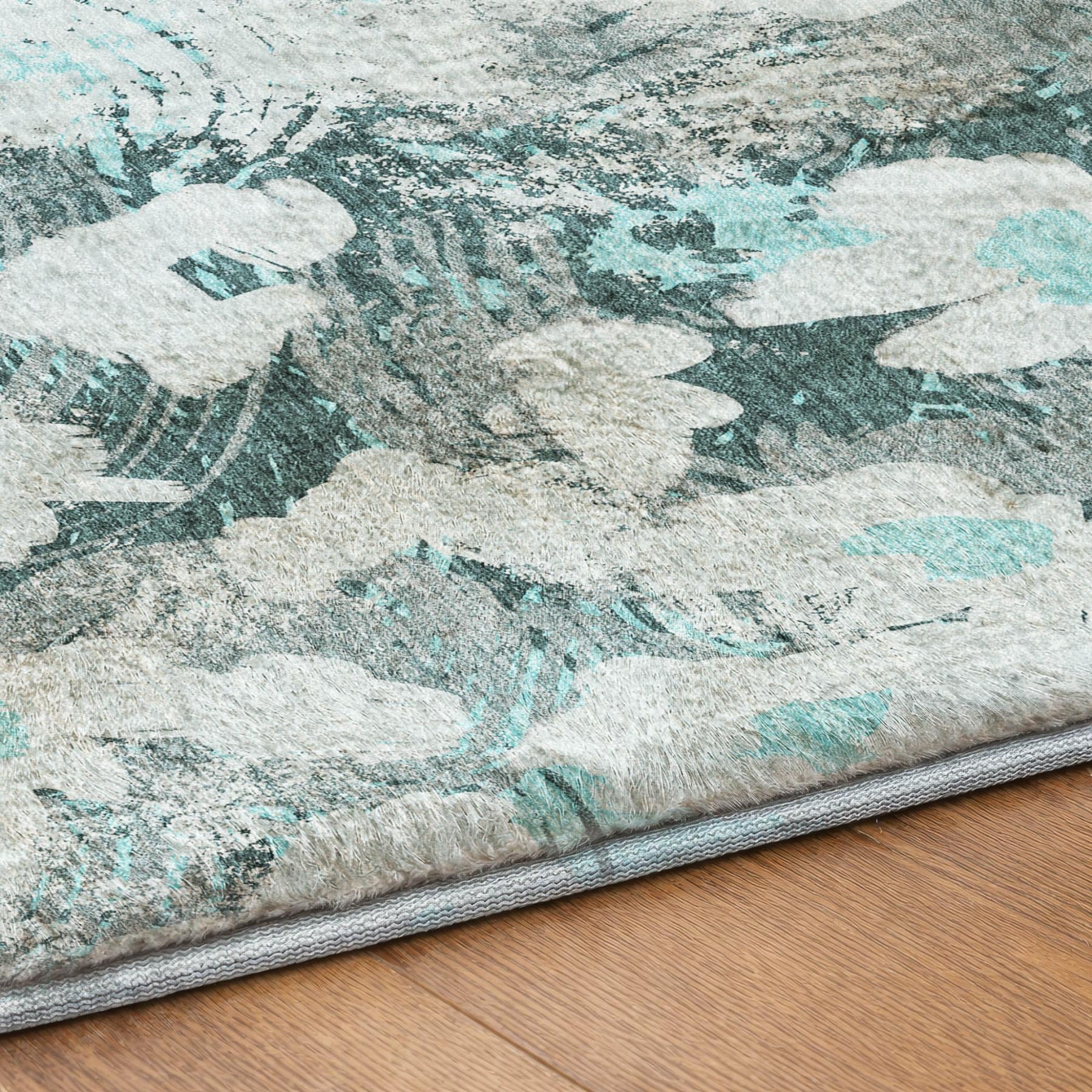 10' X 14' Teal And Gray Floral Shag Washable Area Rug With UV Protection - Home & Garden