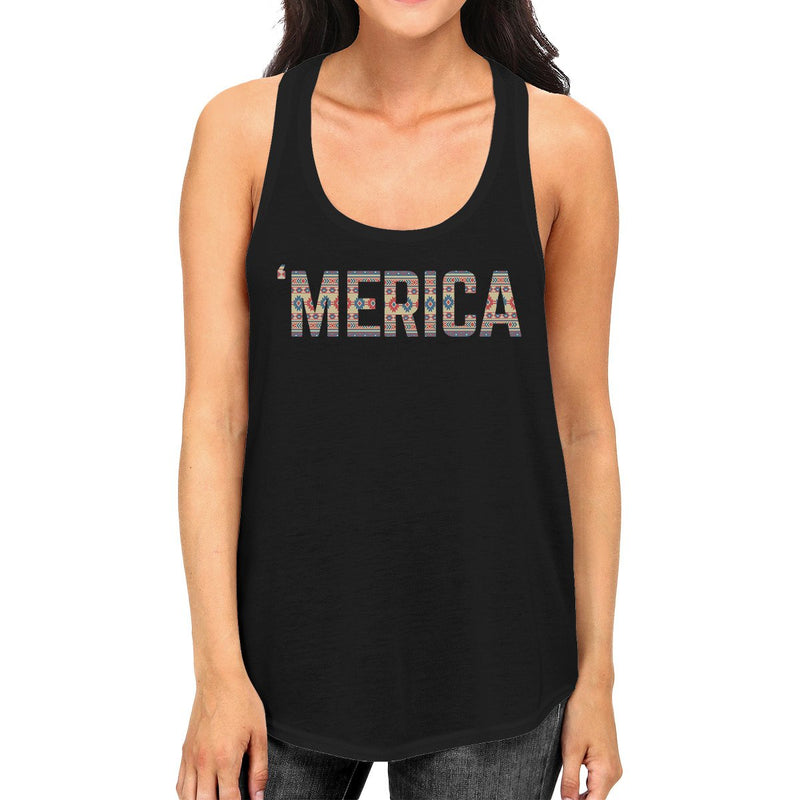 'Merica Women Black Sleeveless Tee America Tribal Pattern Lettering