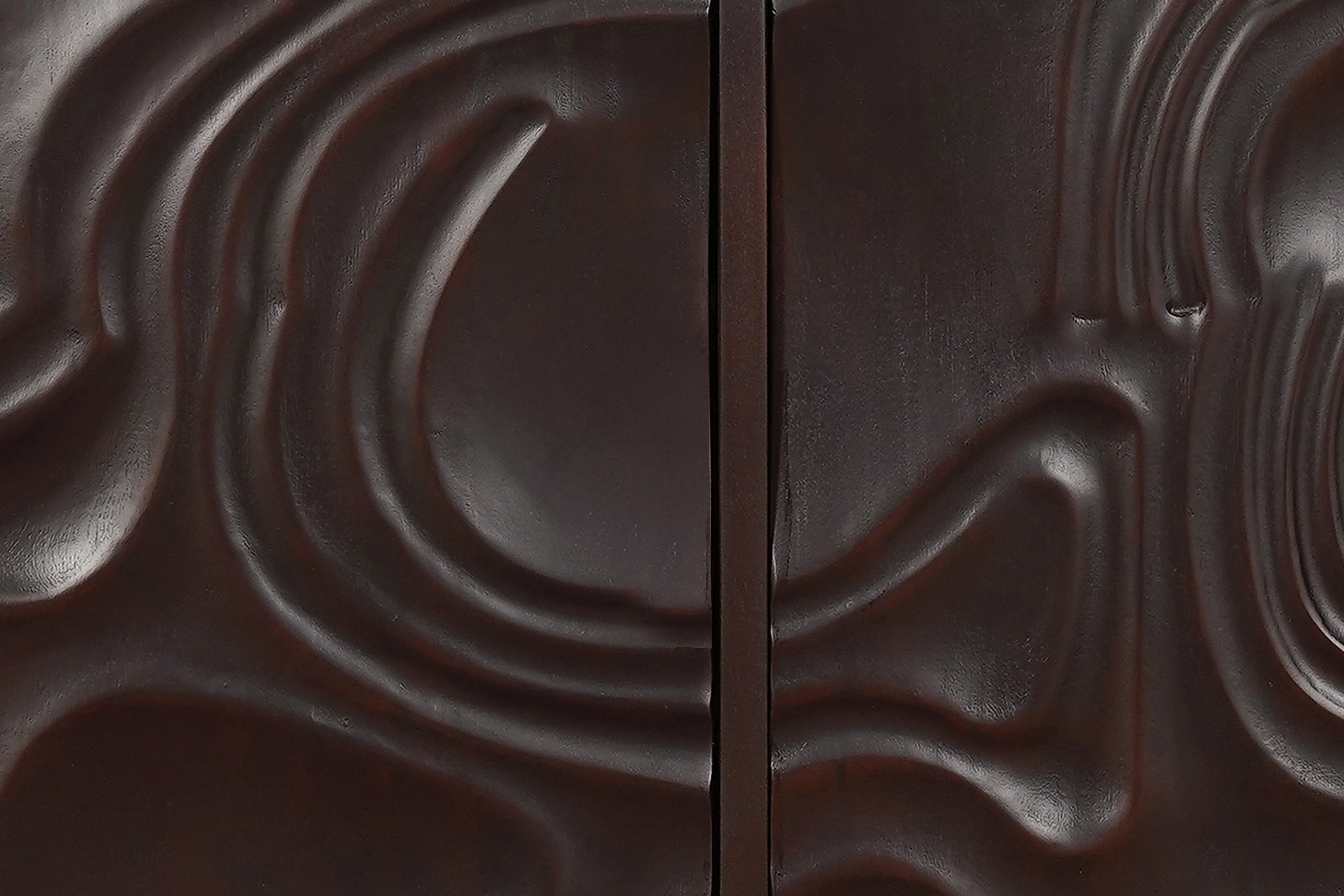80" Dark Brown Solid Wood Carved Abstract Sideboard with Four Doors - GreatEagleInc