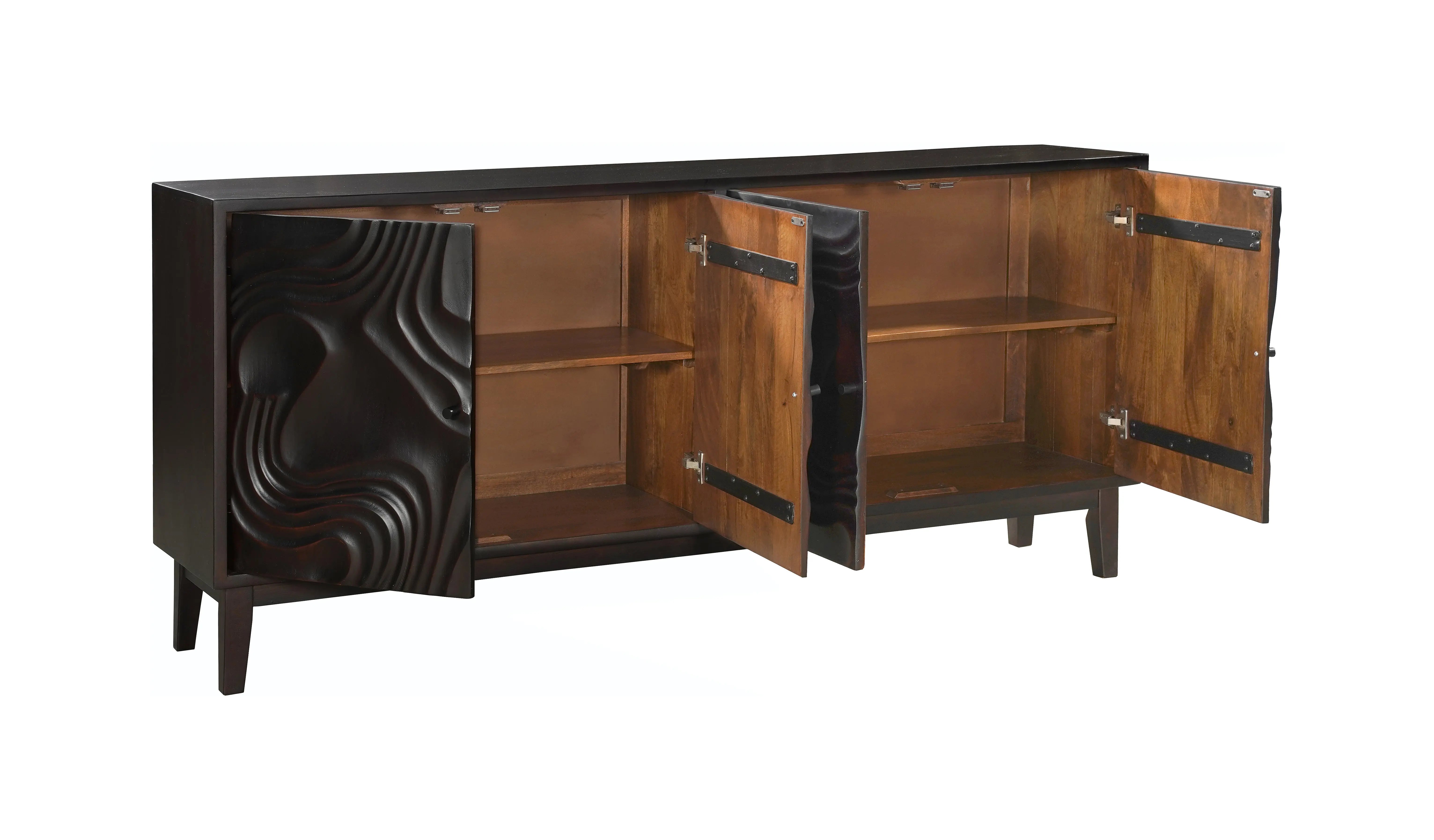80" Dark Brown Solid Wood Carved Abstract Sideboard with Four Doors - GreatEagleInc