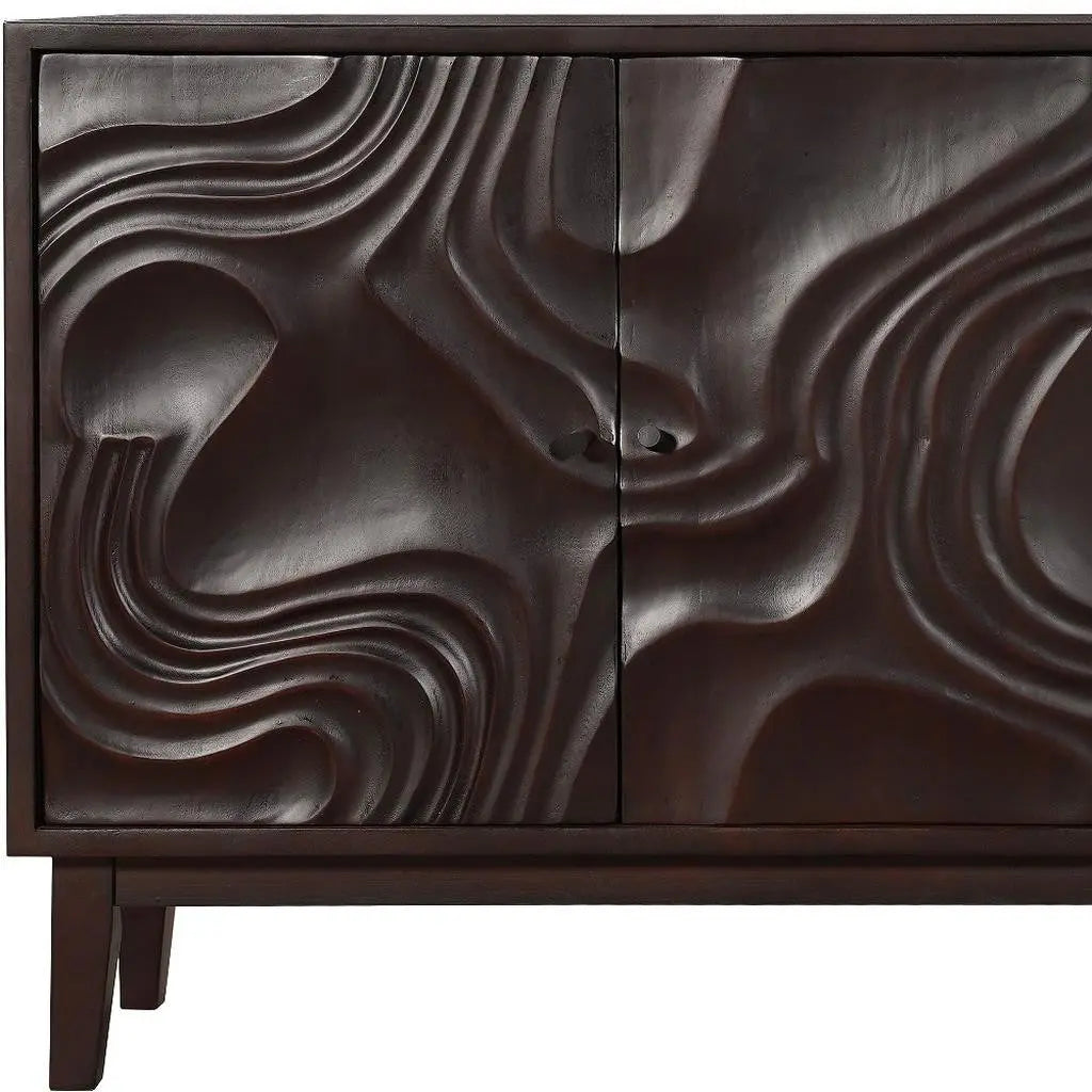 80" Dark Brown Solid Wood Carved Abstract Sideboard with Four Doors - GreatEagleInc