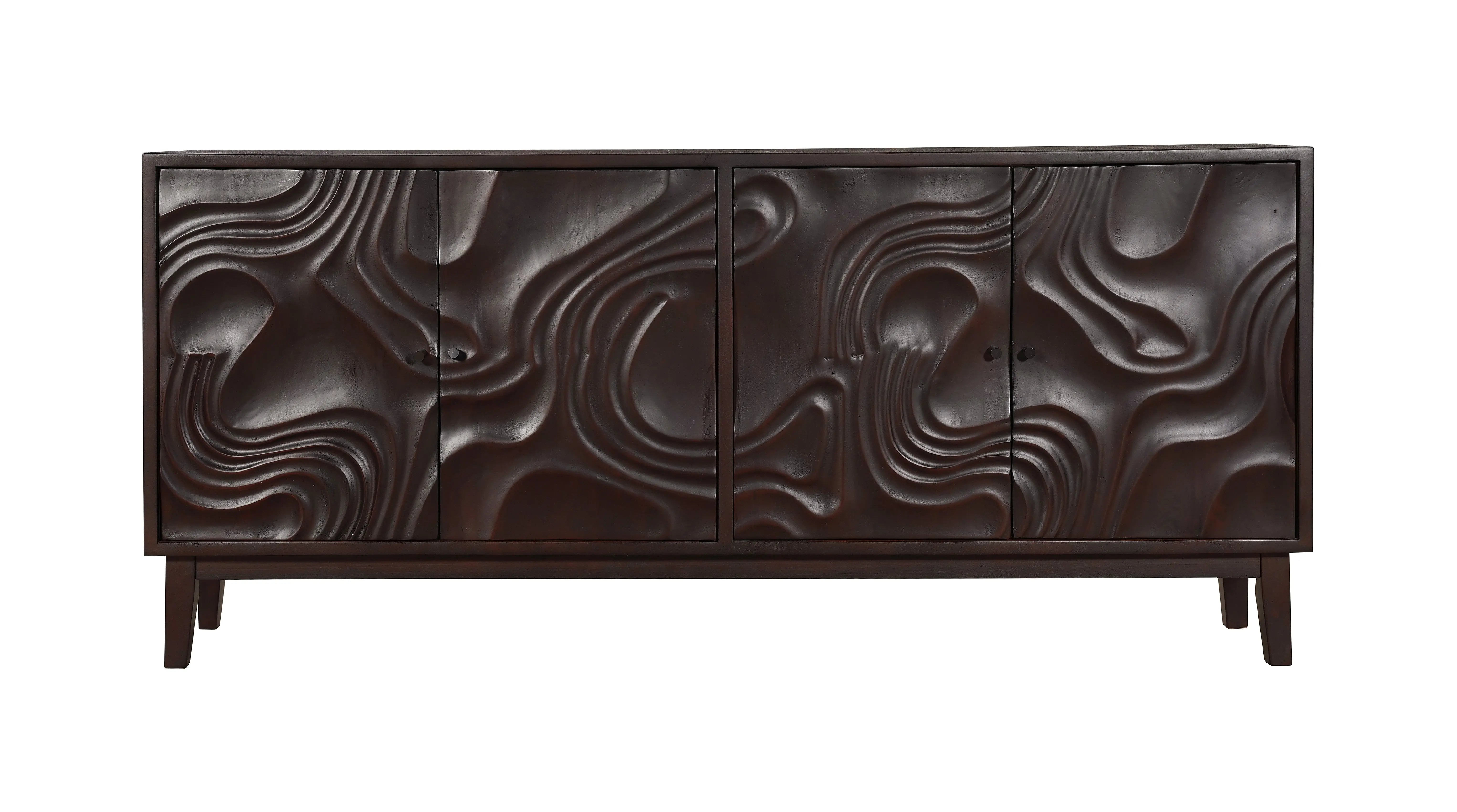 80" Dark Brown Solid Wood Carved Abstract Sideboard with Four Doors - GreatEagleInc