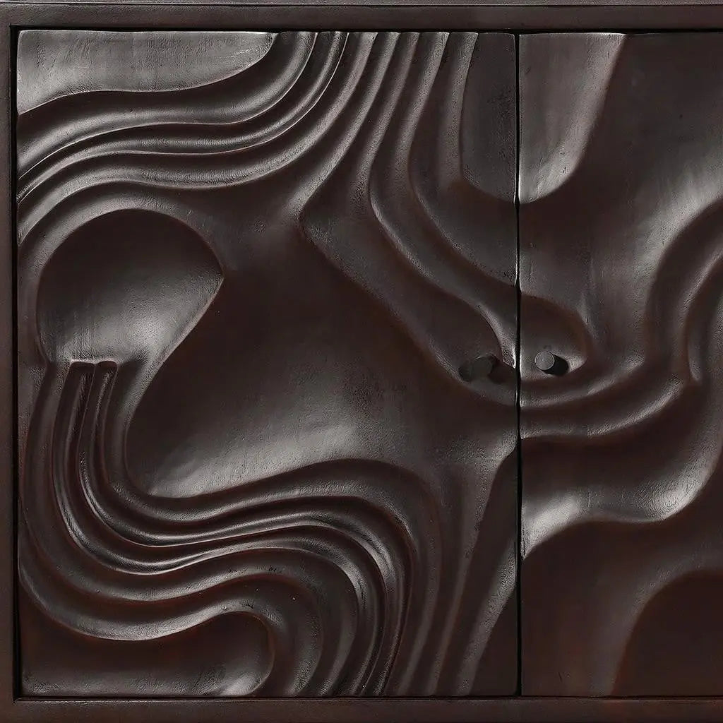 80" Dark Brown Solid Wood Carved Abstract Sideboard with Four Doors - GreatEagleInc