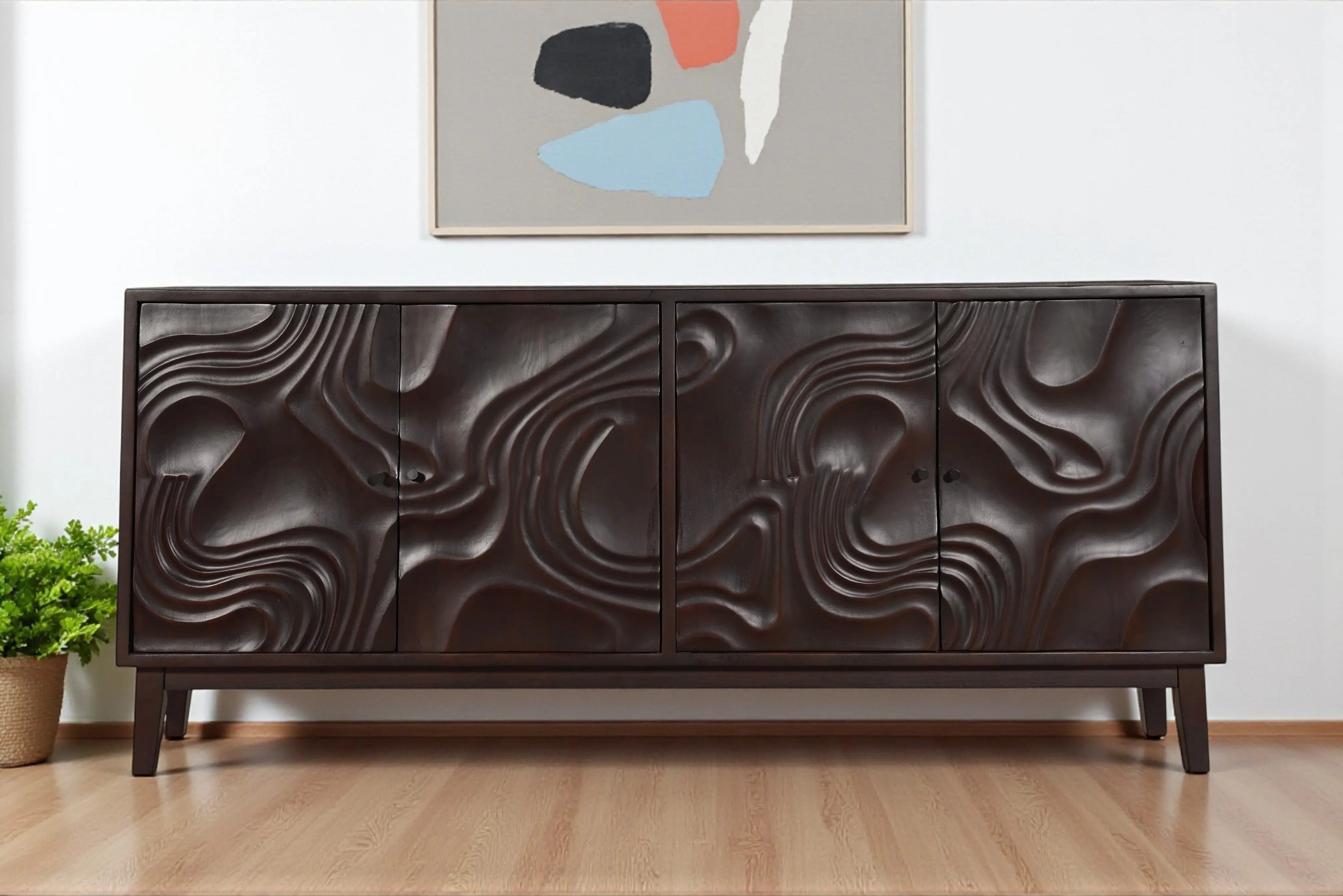 80" Dark Brown Solid Wood Carved Abstract Sideboard with Four Doors Homeroots Kitchen & Dining