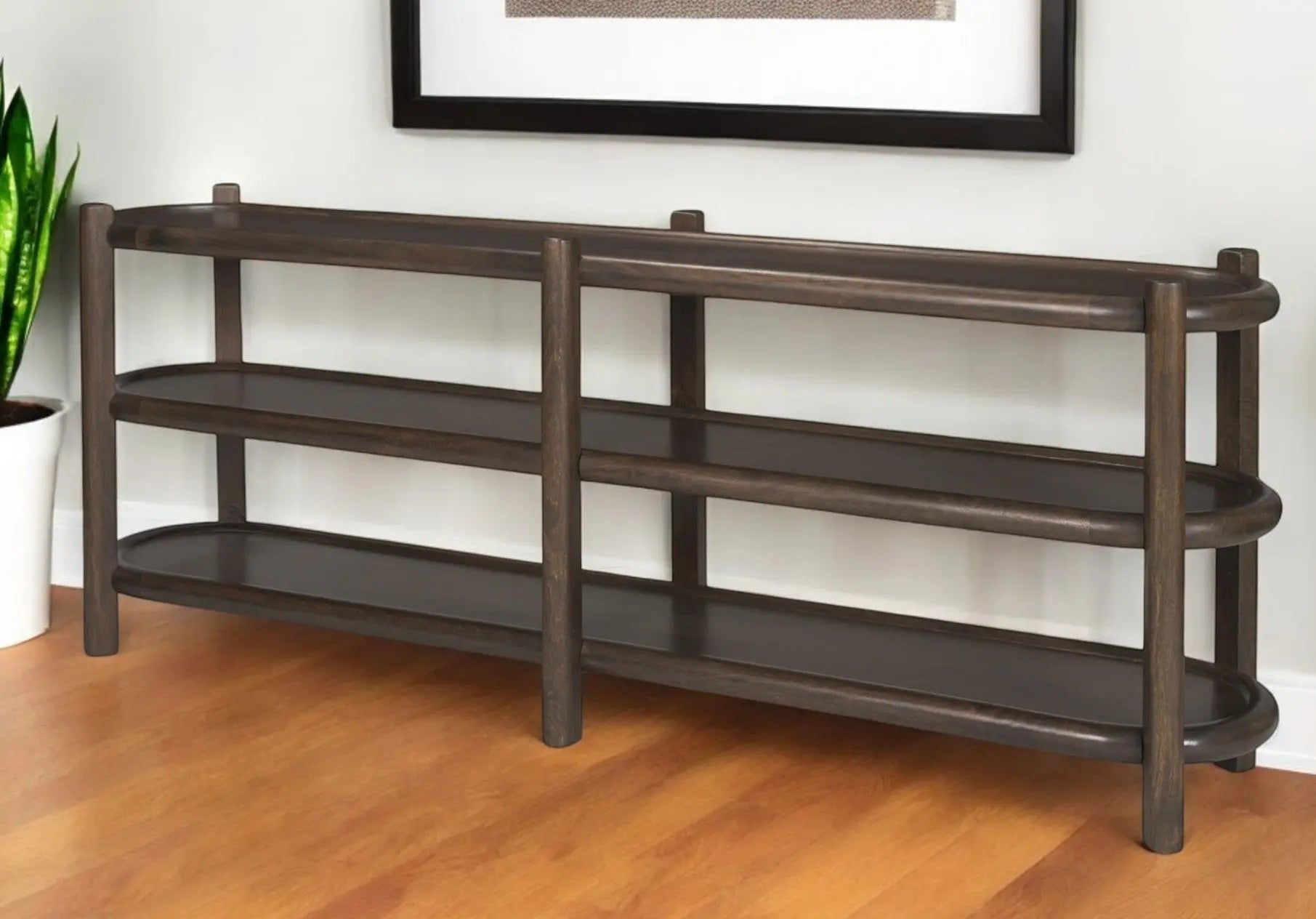 80" Dark Brown Solid Wood Oval Six Leg Console Table With Two Shelves Homeroots Living Room