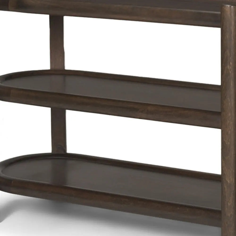 80" Dark Brown Solid Wood Oval Six Leg Console Table With Two Shelves Homeroots Living Room