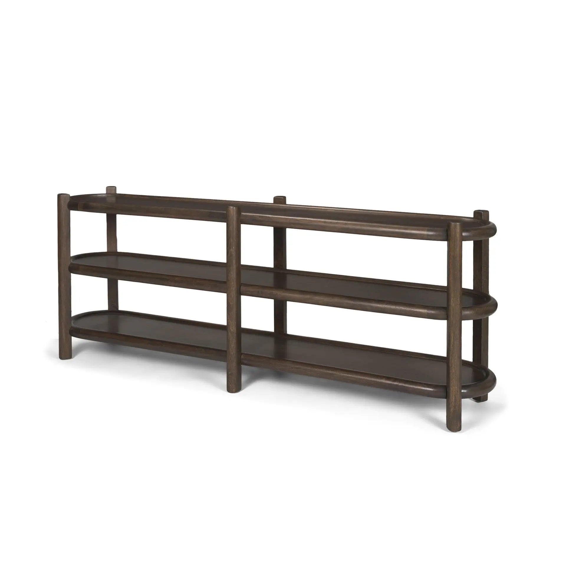 80" Dark Brown Solid Wood Oval Six Leg Console Table With Two Shelves Homeroots Living Room
