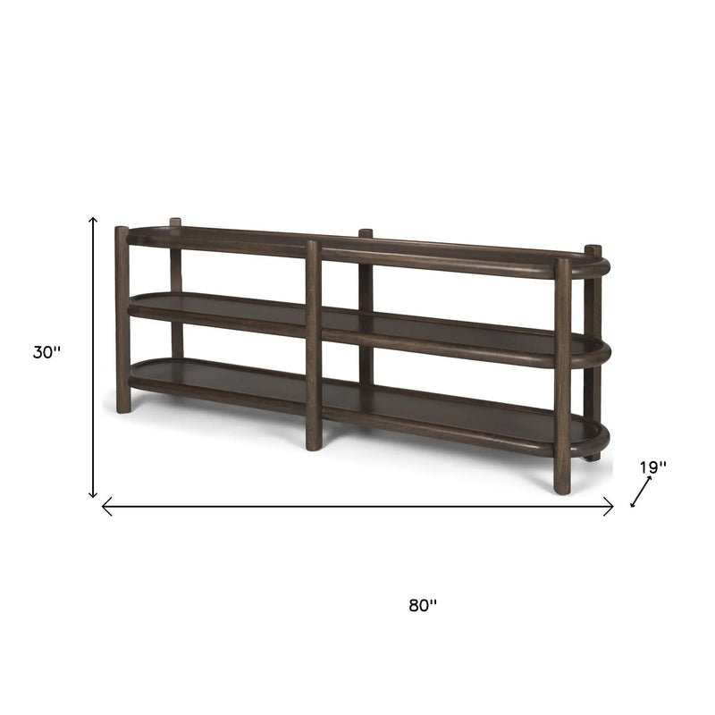 80" Dark Brown Solid Wood Oval Six Leg Console Table With Two Shelves Homeroots Living Room