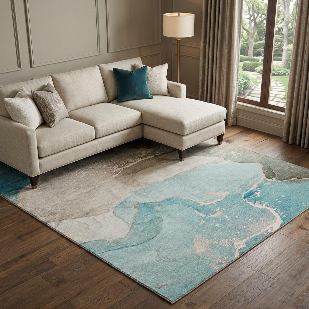 10' X 14' Teal And Taupe Abstract Shag Washable Area Rug With UV Protection - Home & Garden