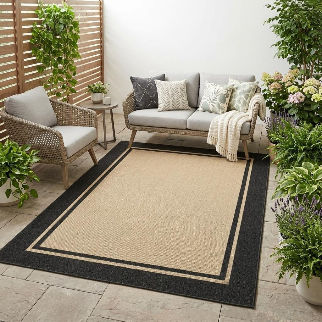 4' X 5' Beige And Black Indoor Outdoor Area Rug - Outdoor
