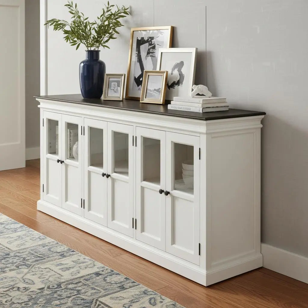 81" Black And White Solid Wood Buffet Table With Six Doors Homeroots Kitchen & Dining