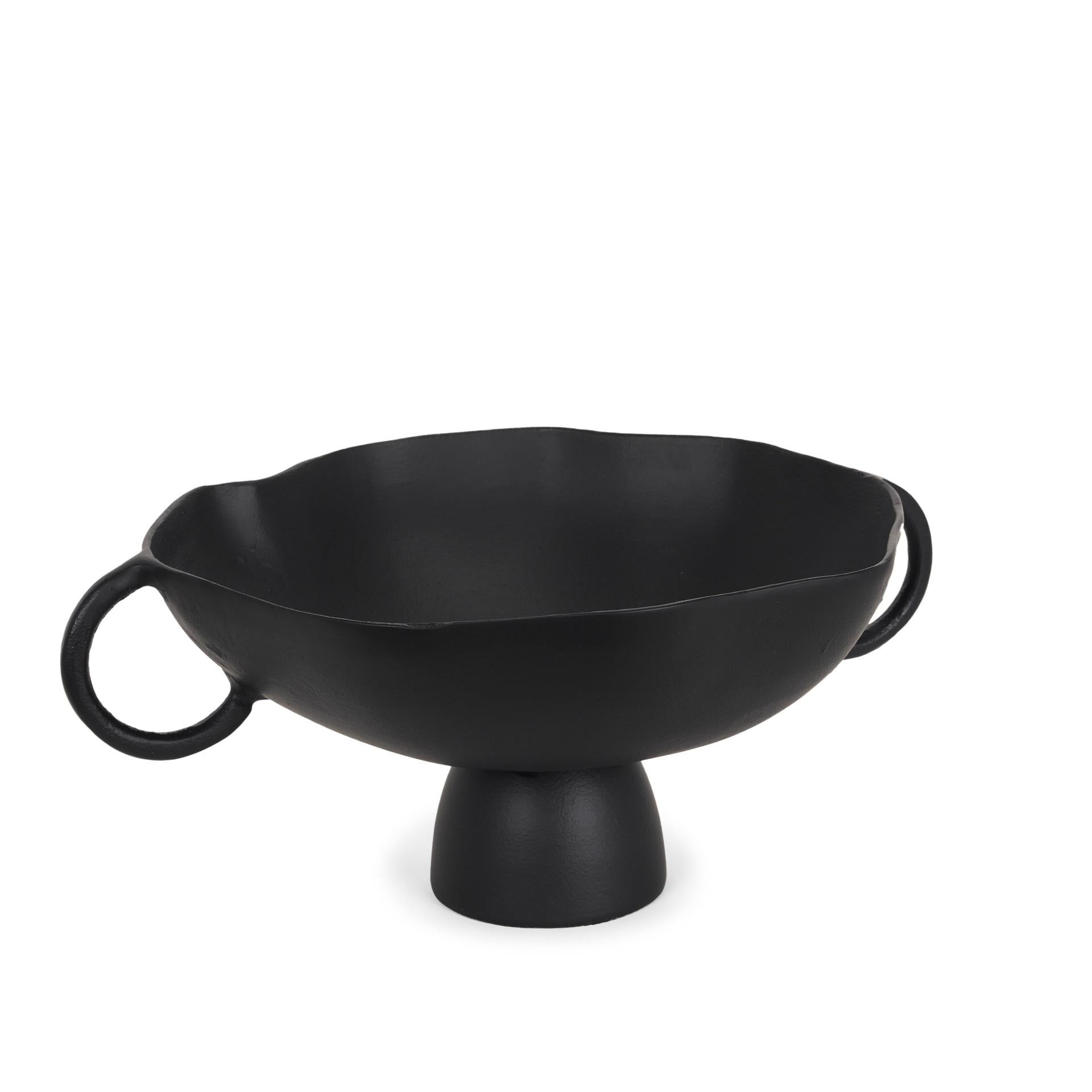 16" Black Metal Wavy Edge Round Pedestal Centerpiece Bowl With Handles - Kitchen & Dining