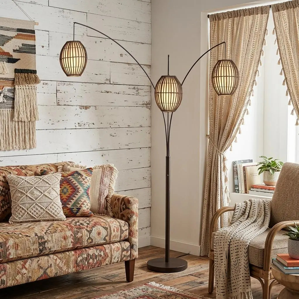 82" Bronze Three Light Tree Floor Lamp With Beige Wicker Cage Shade Homeroots Lighting