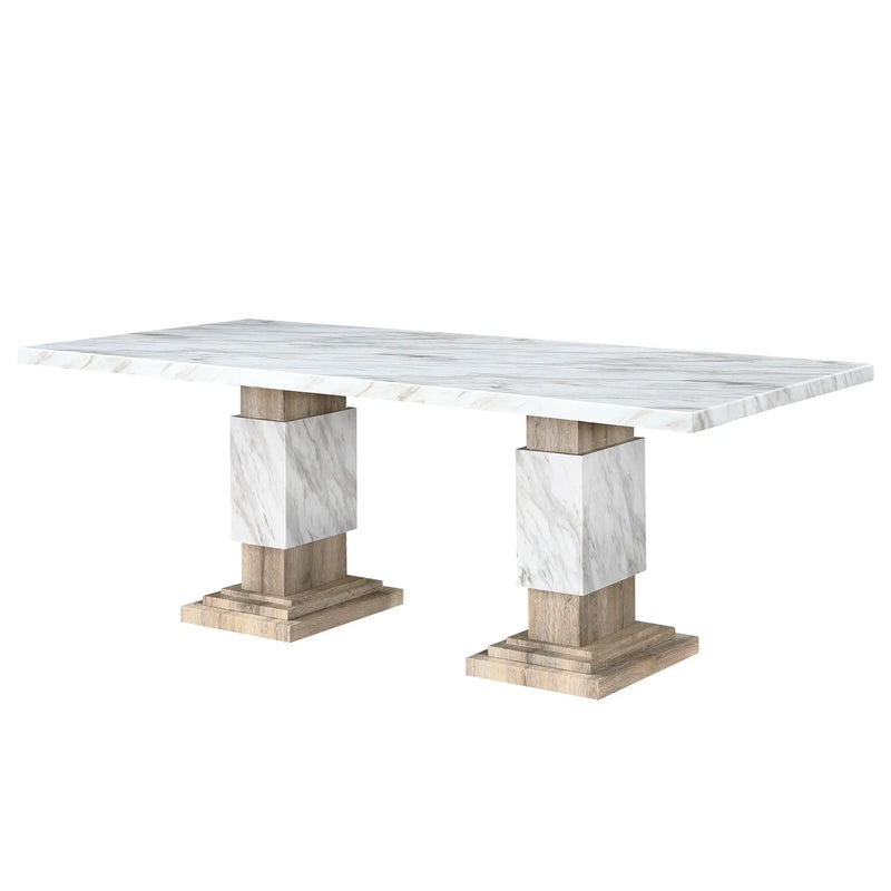 82" White and Natural Faux Marble and Wood Double Pedestal Base Dining Table Homeroots Kitchen & Dining