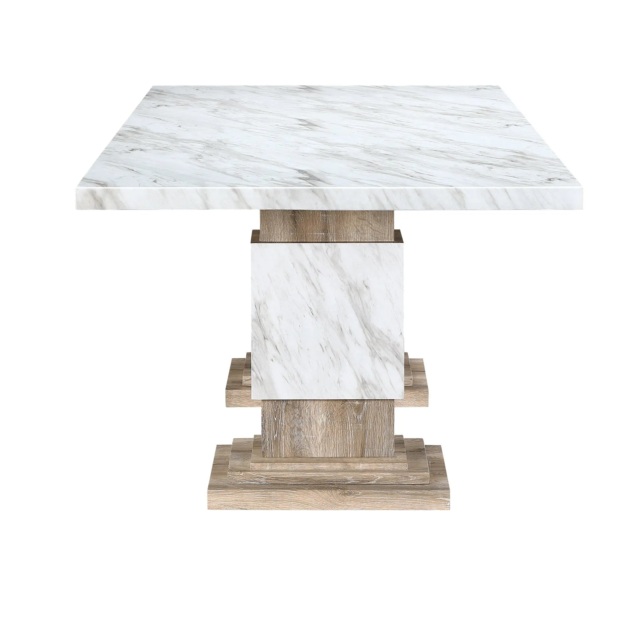 82" White and Natural Faux Marble and Wood Double Pedestal Base Dining Table Homeroots Kitchen & Dining
