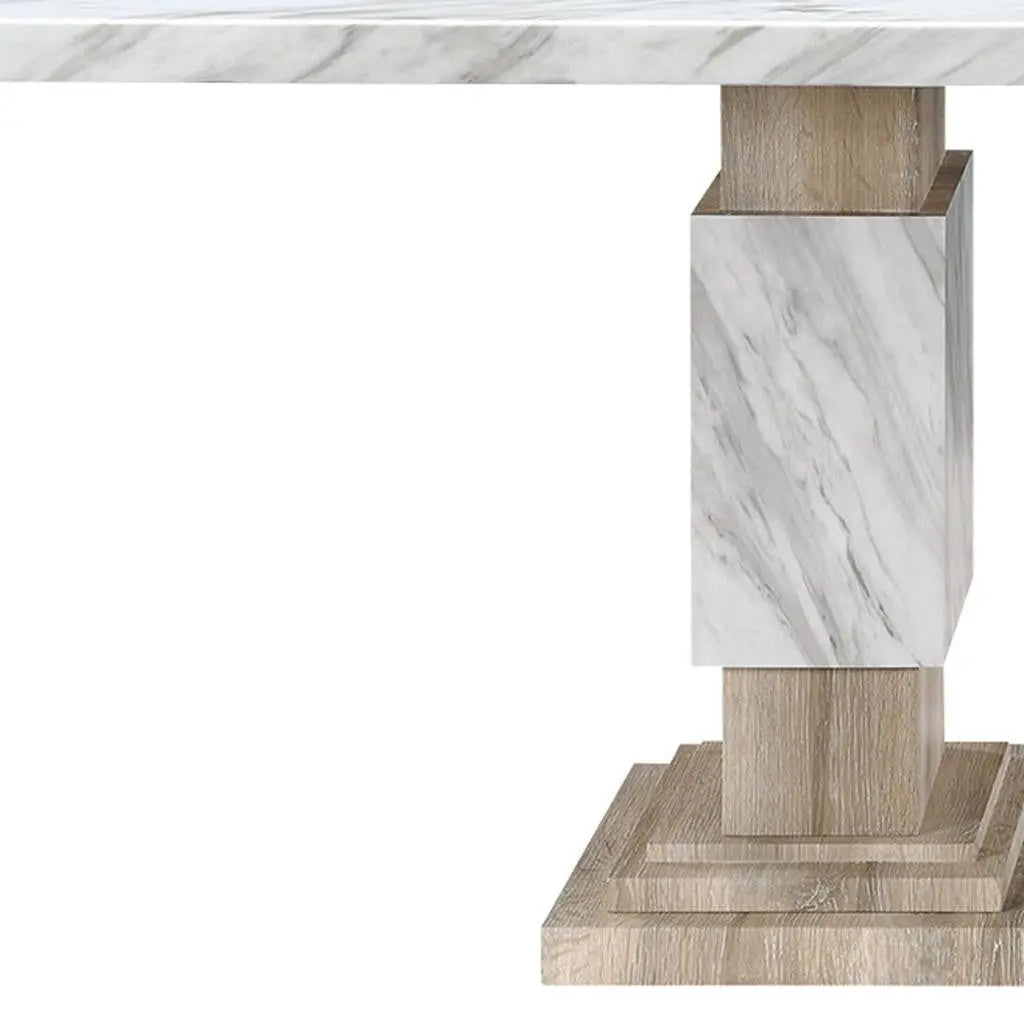82" White and Natural Faux Marble and Wood Double Pedestal Base Dining Table Homeroots Kitchen & Dining