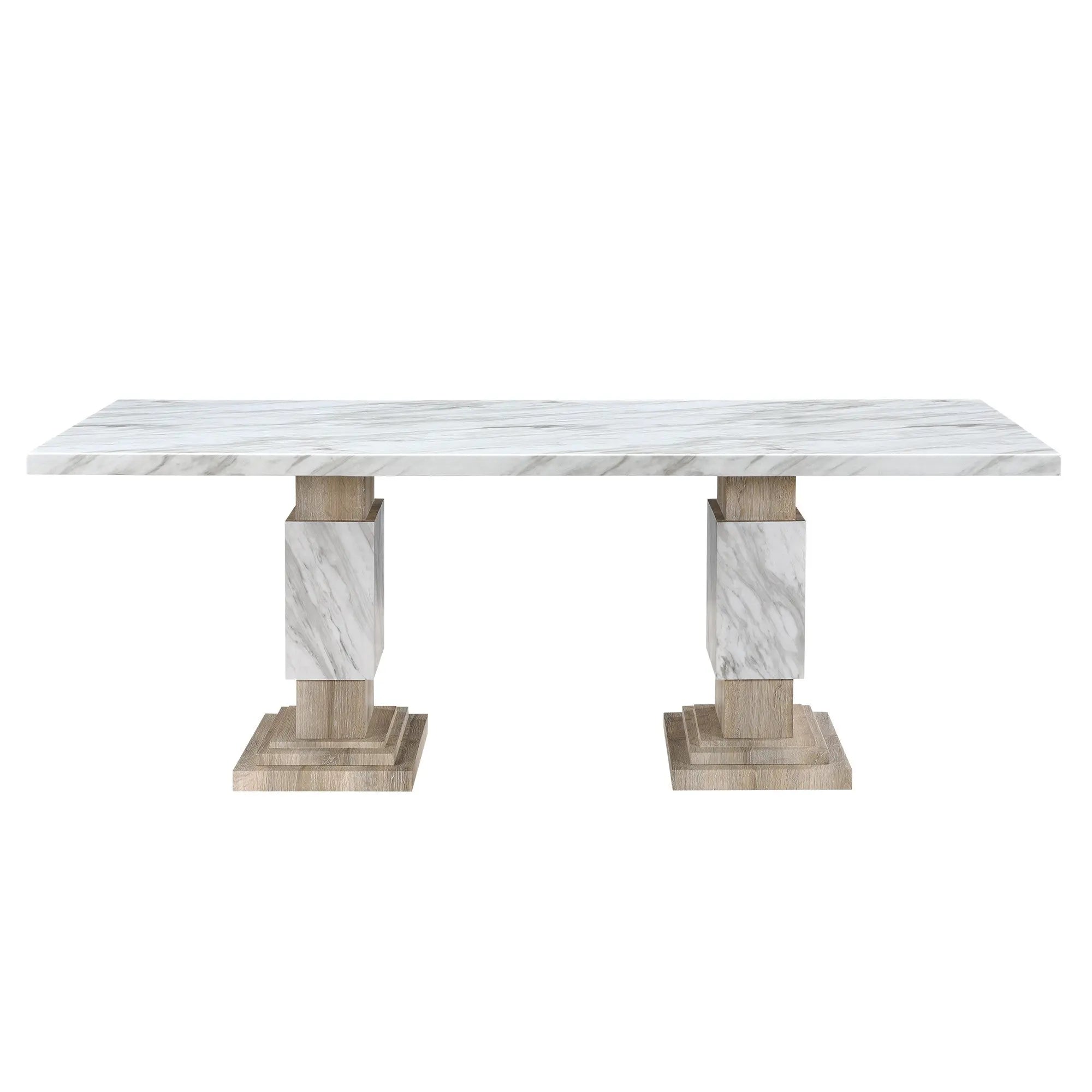 82" White and Natural Faux Marble and Wood Double Pedestal Base Dining Table Homeroots Kitchen & Dining