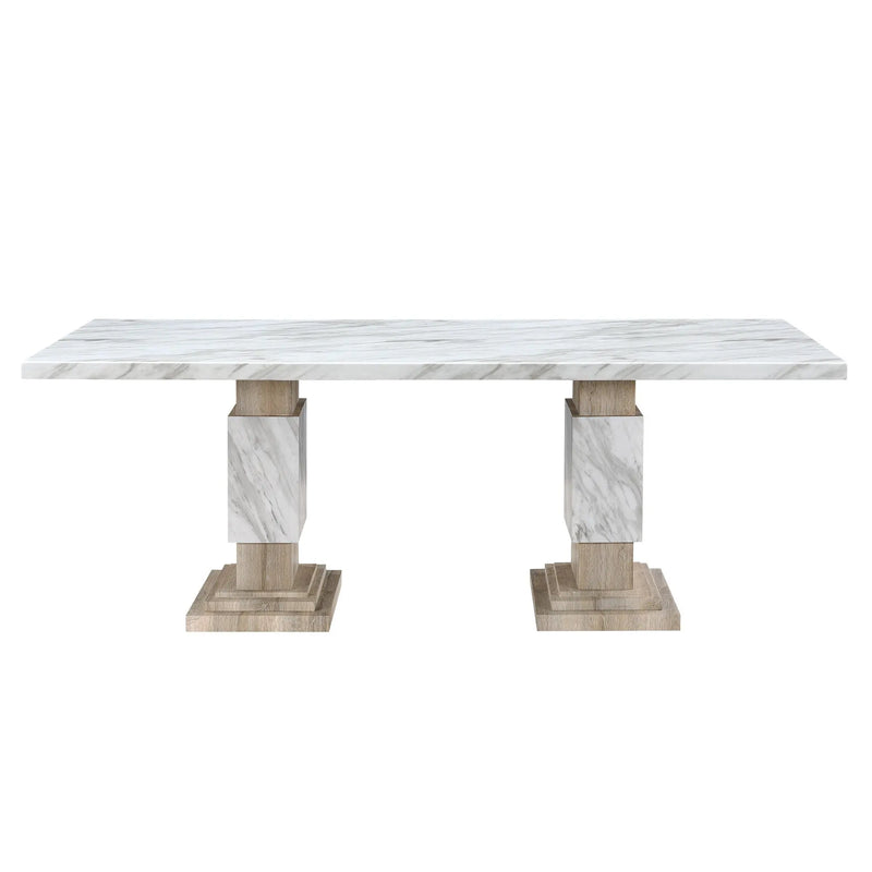 82" White and Natural Faux Marble and Wood Double Pedestal Base Dining Table Homeroots Kitchen & Dining