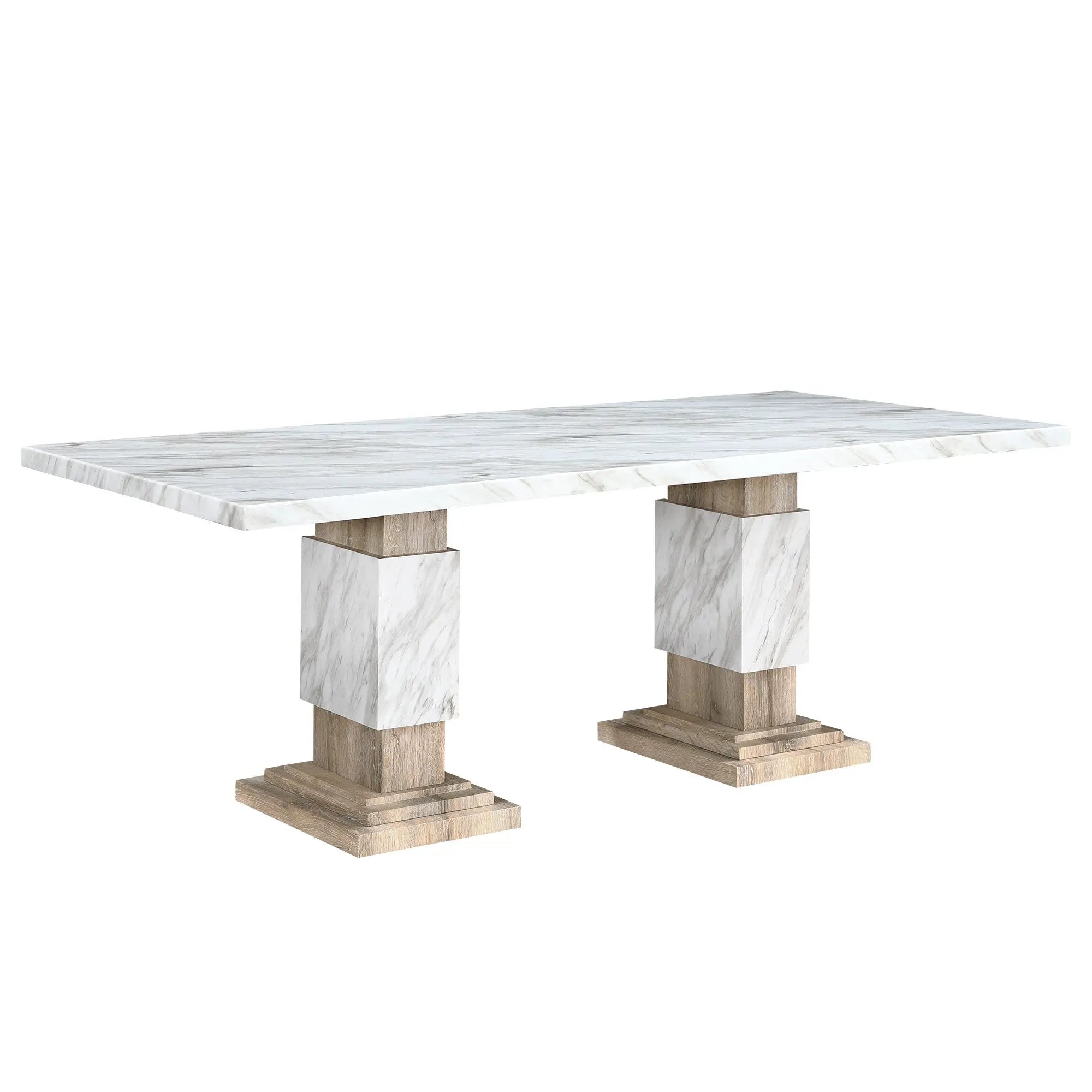 82" White and Natural Faux Marble and Wood Double Pedestal Base Dining Table Homeroots Kitchen & Dining