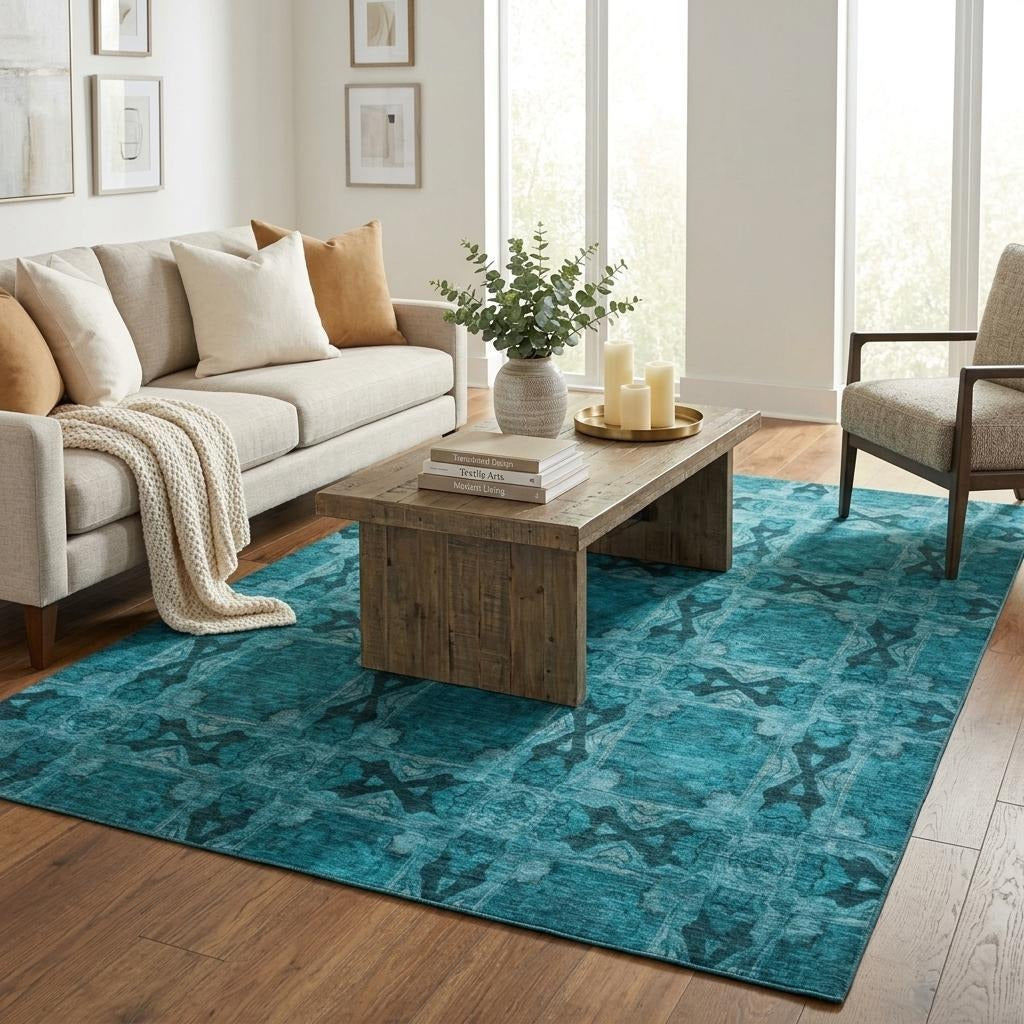5' X 8' Teal And Charcoal Geometric Shag Washable Area Rug With UV Protection - Home & Garden