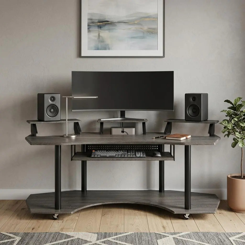 Modern grey wooden desk with black metal legs, dual speaker setup, and sleek monitor stand, perfect for home office use.
