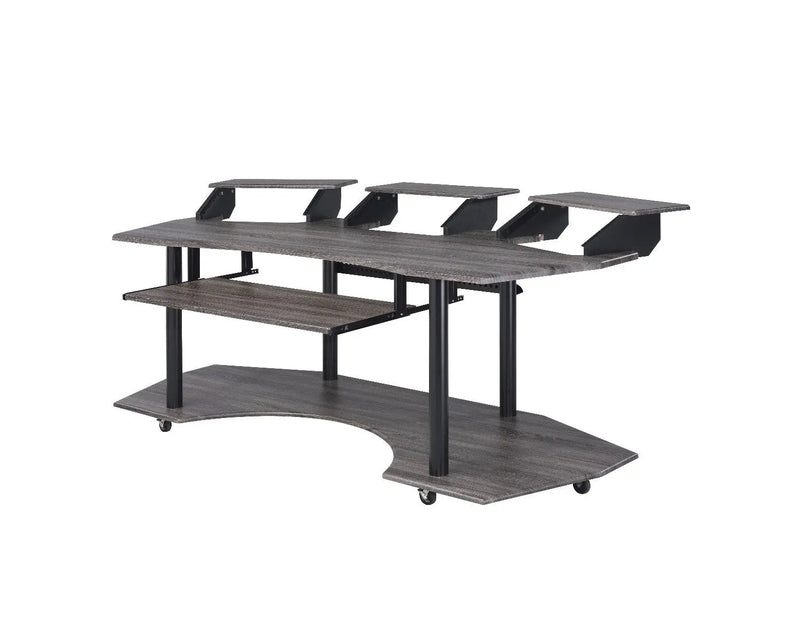 Modern black and gray wood TV stand with curved design and adjustable shelves on wheels for easy mobility.