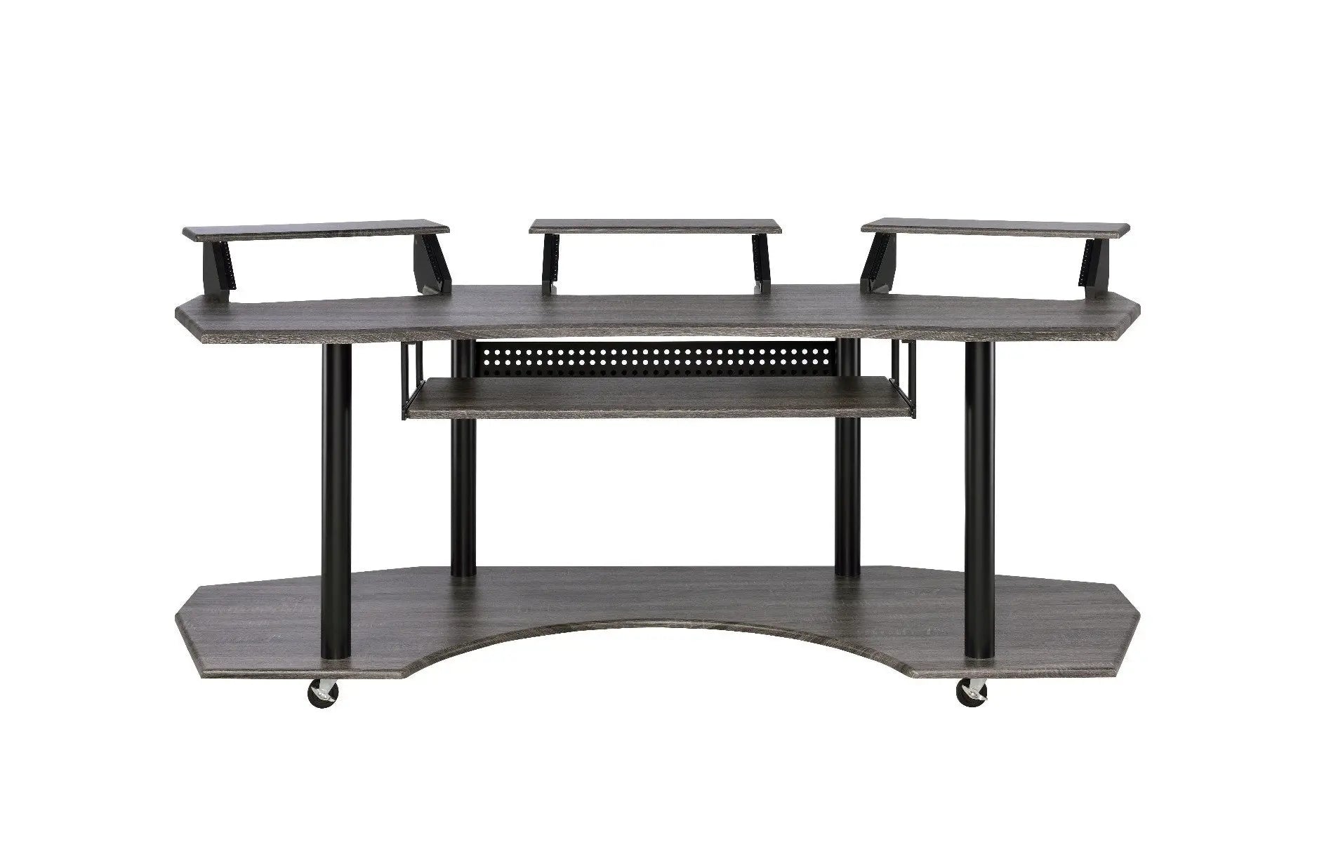 Gray wood TV stand with black metal accents and wheels, featuring adjustable shelves and a modern design.