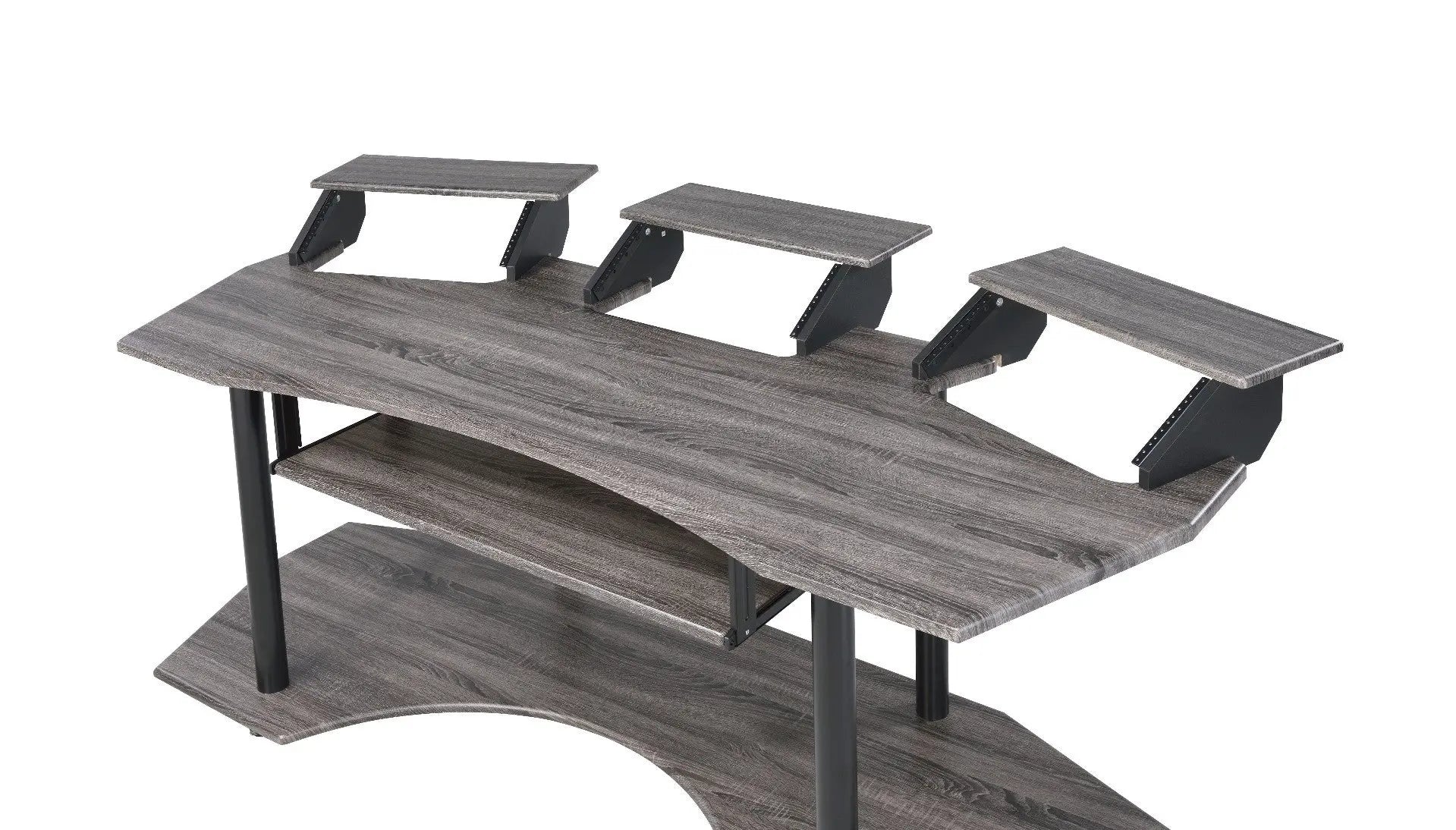 Gray wooden gaming desk with black metal accents and three adjustable monitor stand shelves. Modern and ergonomic design.