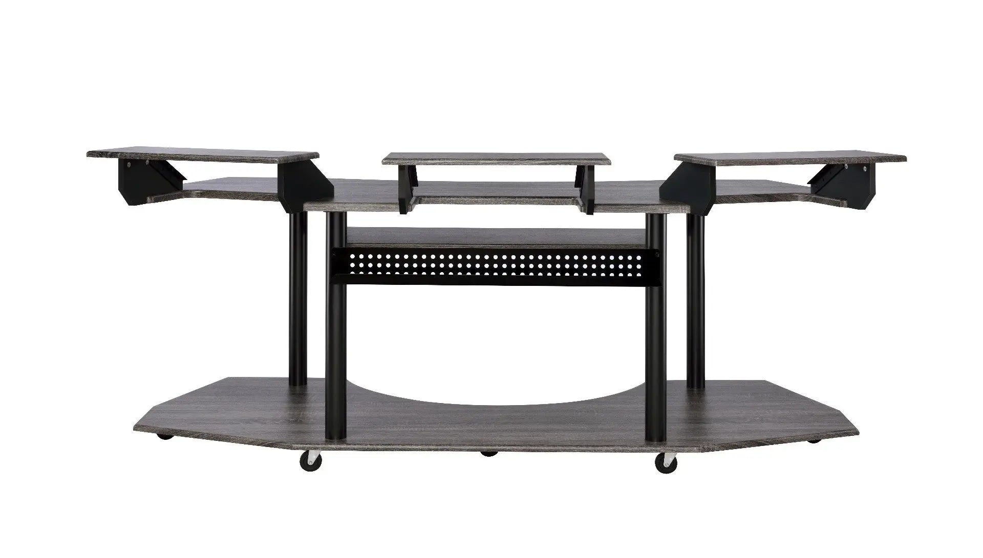 Modern black and gray mobile workstation with multiple shelves and a sleek design, perfect for home or office use.