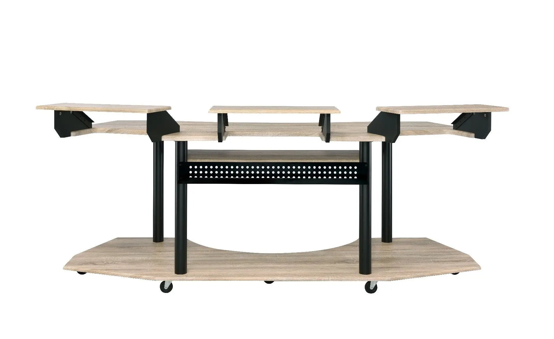 Modern oak finish mobile workstation with black metal accents, adjustable shelves, and sturdy design for versatile use.