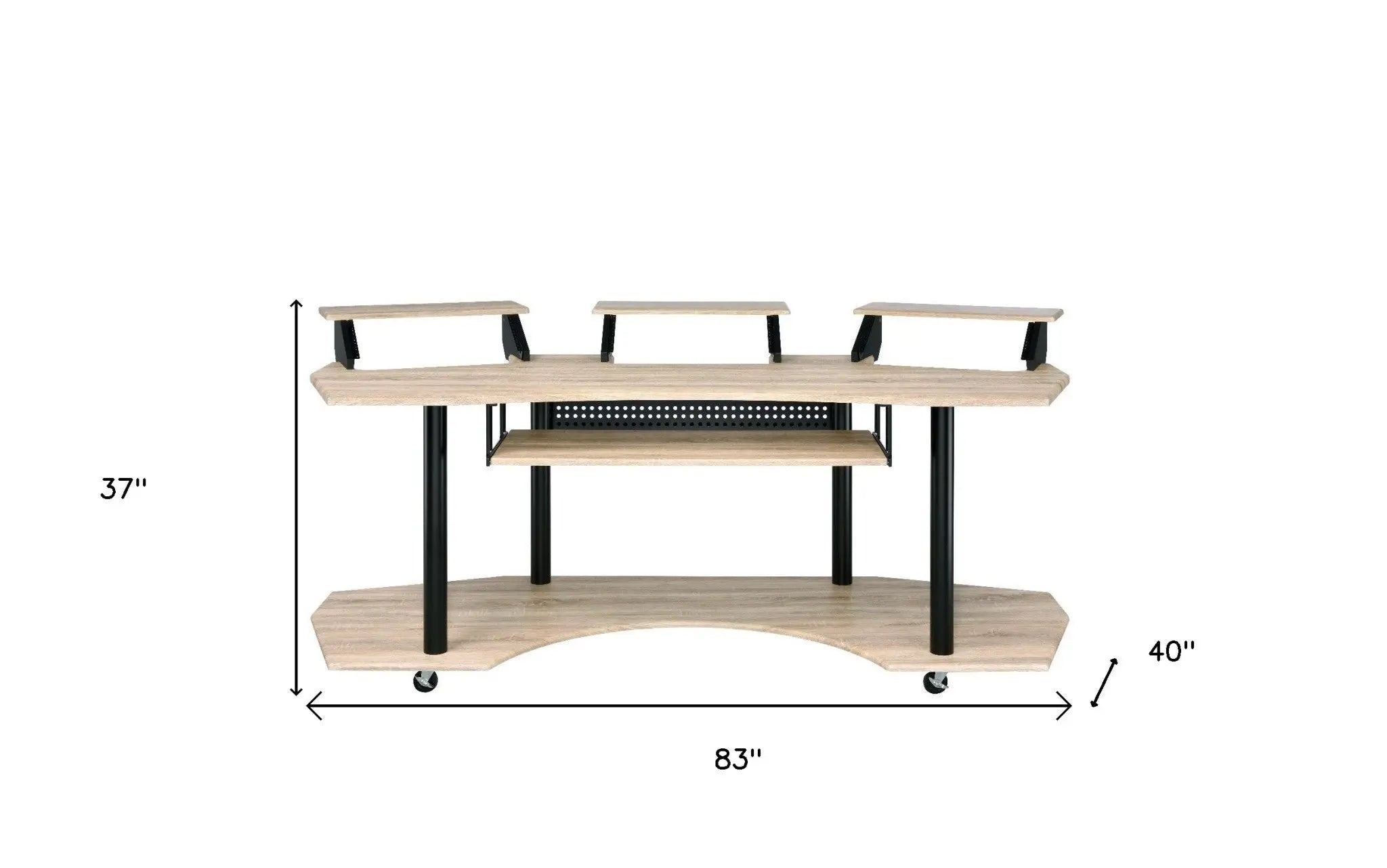 Modern wooden media console in light oak finish, featuring three open shelves and black metal legs, measuring 83" x 40".