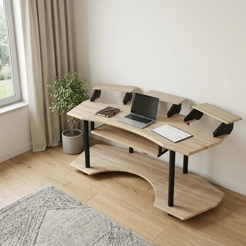 Modern oak wood desk with black metal accents, featuring adjustable shelves and a curved design, perfect for home offices.