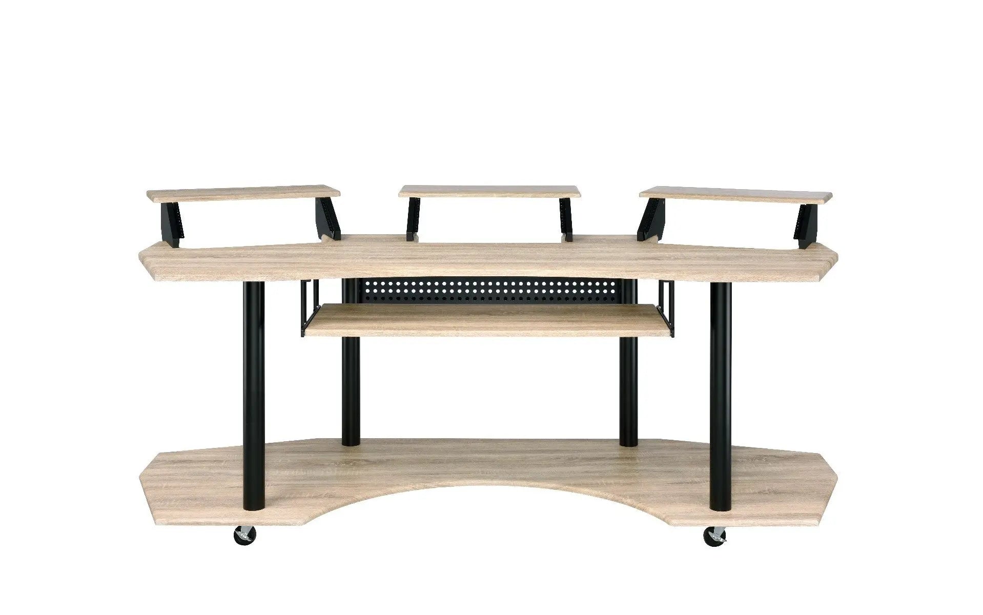 Modern wooden mobile desk in light oak finish with black metal legs and three spacious shelves for versatile use.