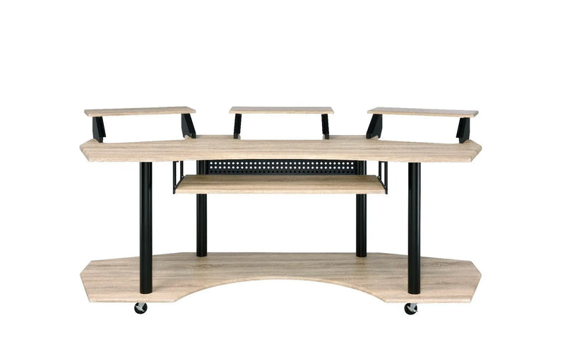 Modern wooden mobile desk in light oak finish with black metal legs and three spacious shelves for versatile use.