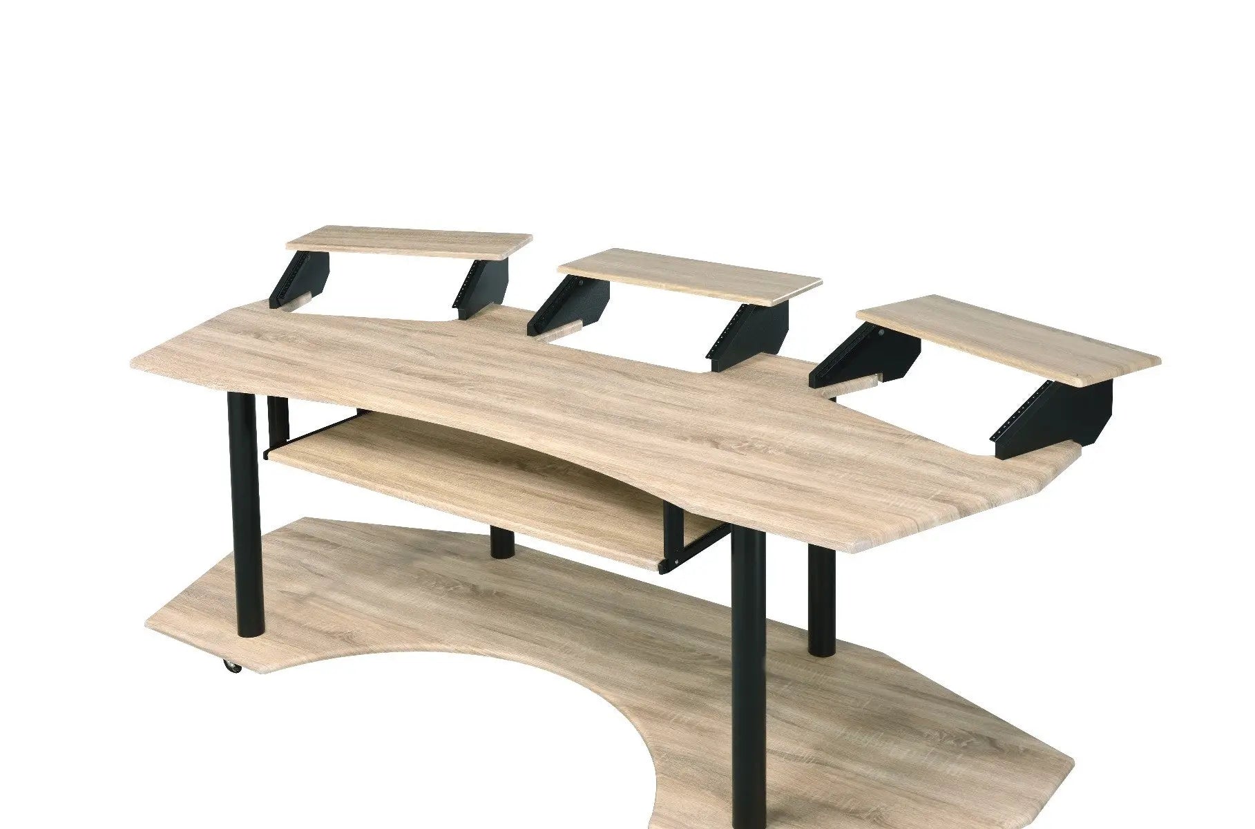 Contemporary light oak desk with black metal legs and three adjustable shelves, perfect for home or office use.