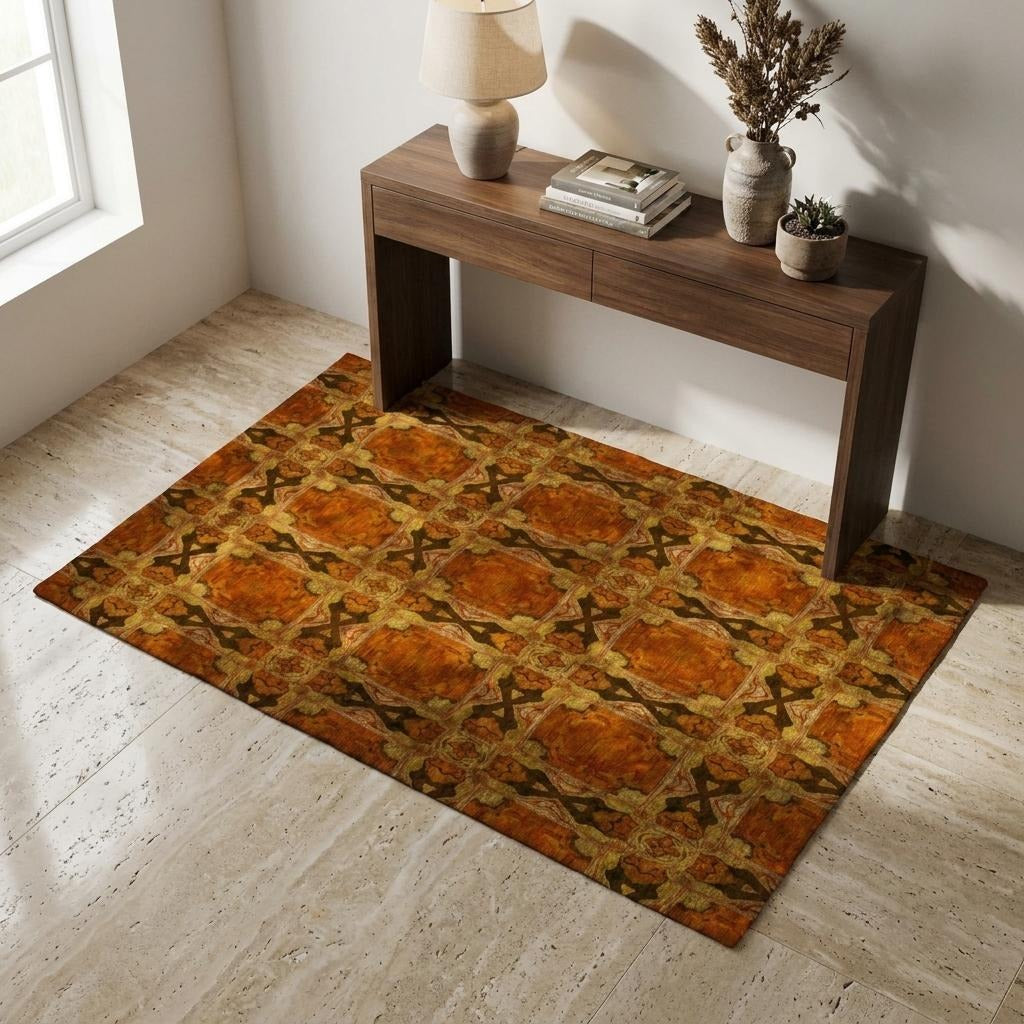 3' X 5' Orange And Terra Cotta Geometric Shag Washable Area Rug With UV Protection - Home & Garden