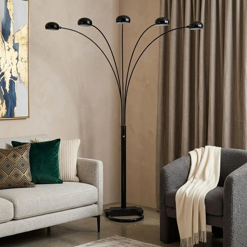 84" Black Five Light Arc Floor Lamp With Black Dome Shade Homeroots Lighting