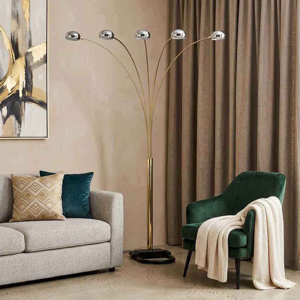 84" Gold Five Light Arc Floor Lamp With Brass Metal Dome Shade Homeroots Lighting