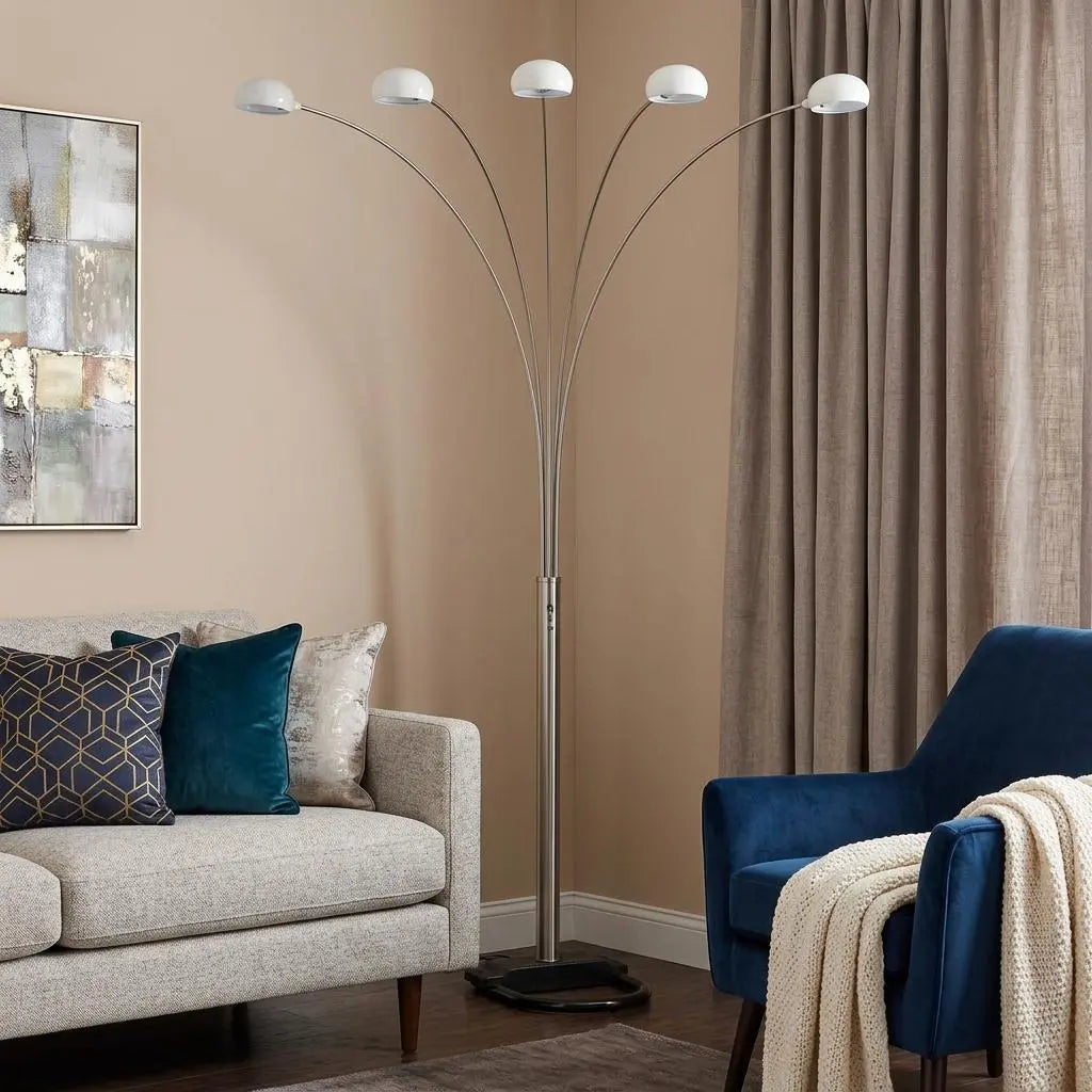 84" White Five Light Arc Floor Lamp With White Dome Shade Homeroots Lighting