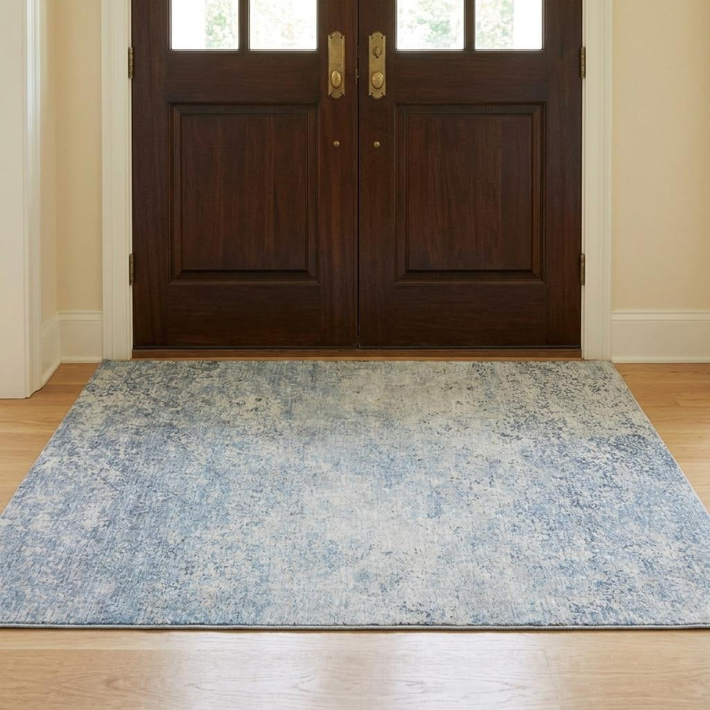 3' X 5' Blue And Ivory Abstract Shag Washable Area Rug With UV Protection - Home & Garden