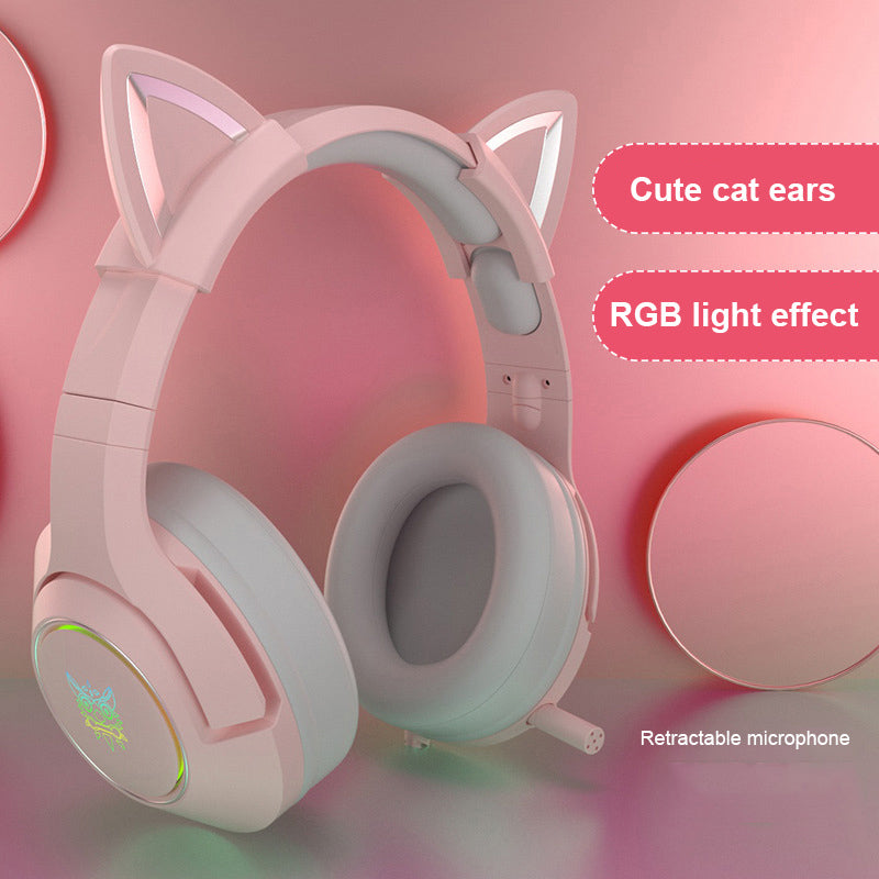 Pink Girl Headset Cat Ear Headset Cute Girl Heart Gaming Gaming Headset Comfortable Leather Earmuffs Cat Ears